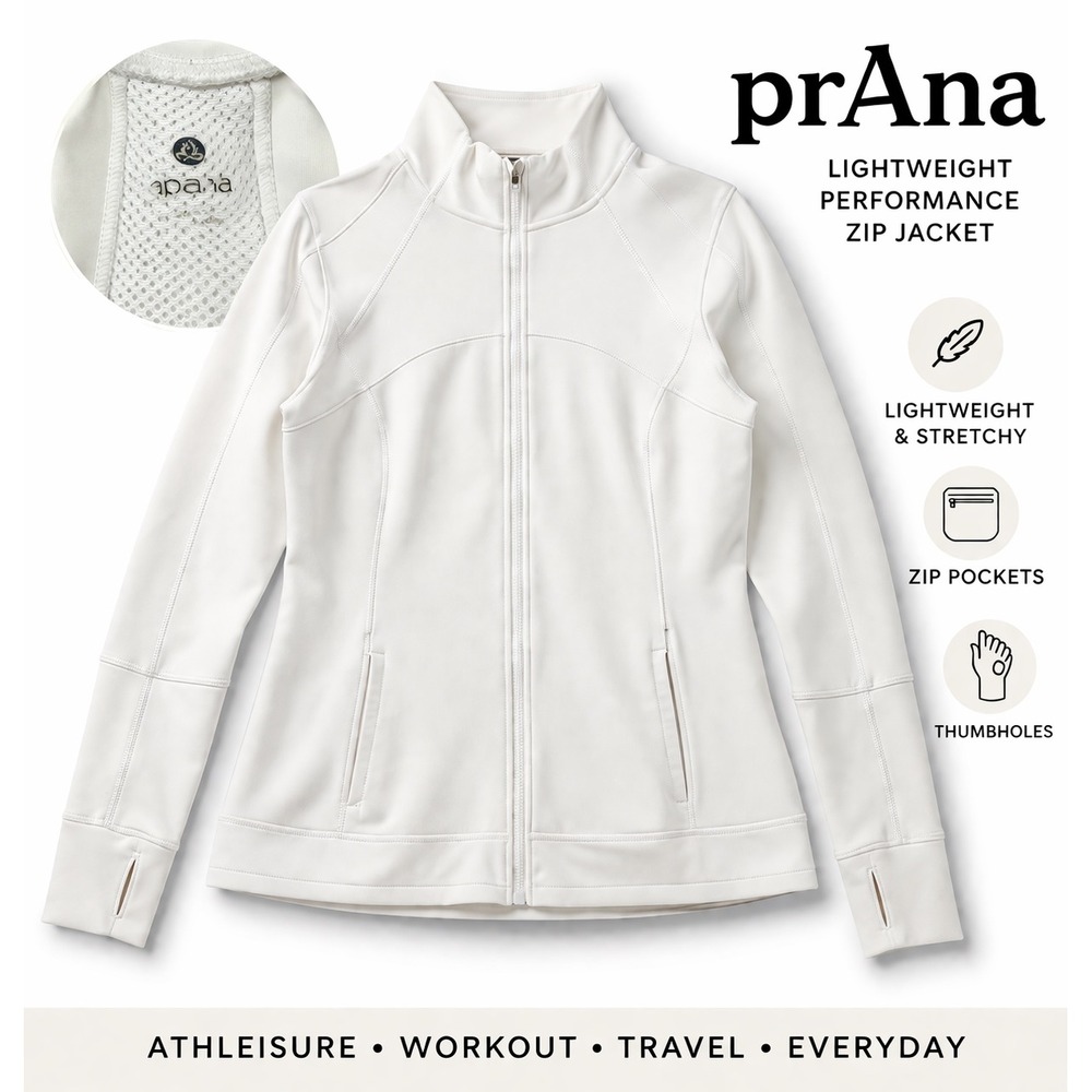 prAna White Zip Athletic Jacket Thumbholes Lightweight Athleisure Activewear